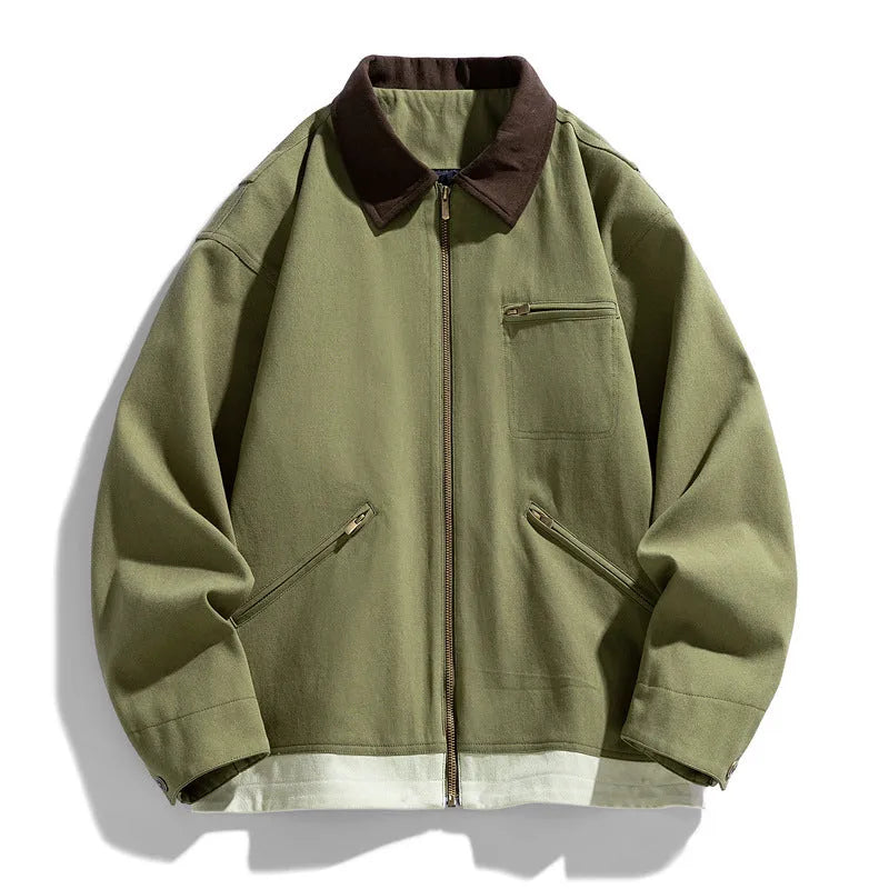 American retro workwear jacket with contrast lapels and side pockets in mint green colour