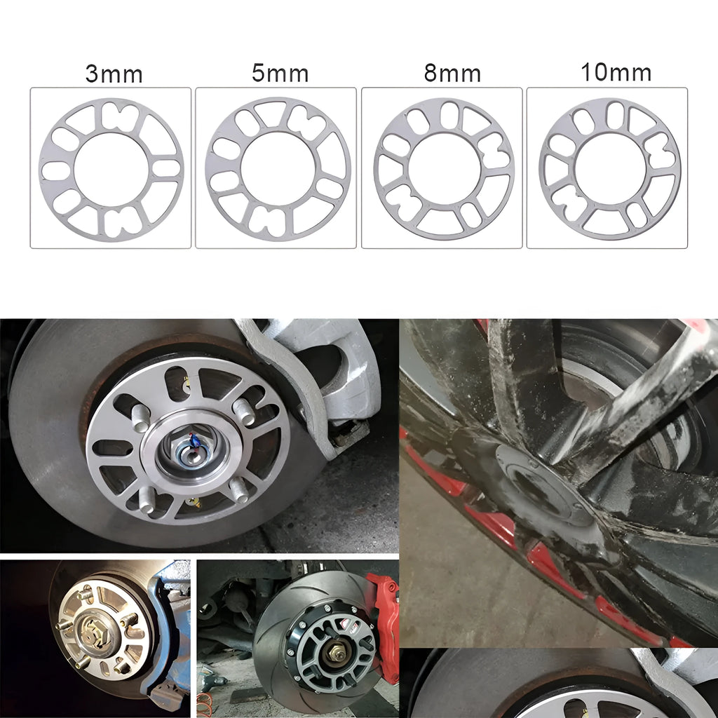 Automotive wheel hub widening gasket or spacer in 3mm, 5mm, 8mm, and 10mm thickness options.