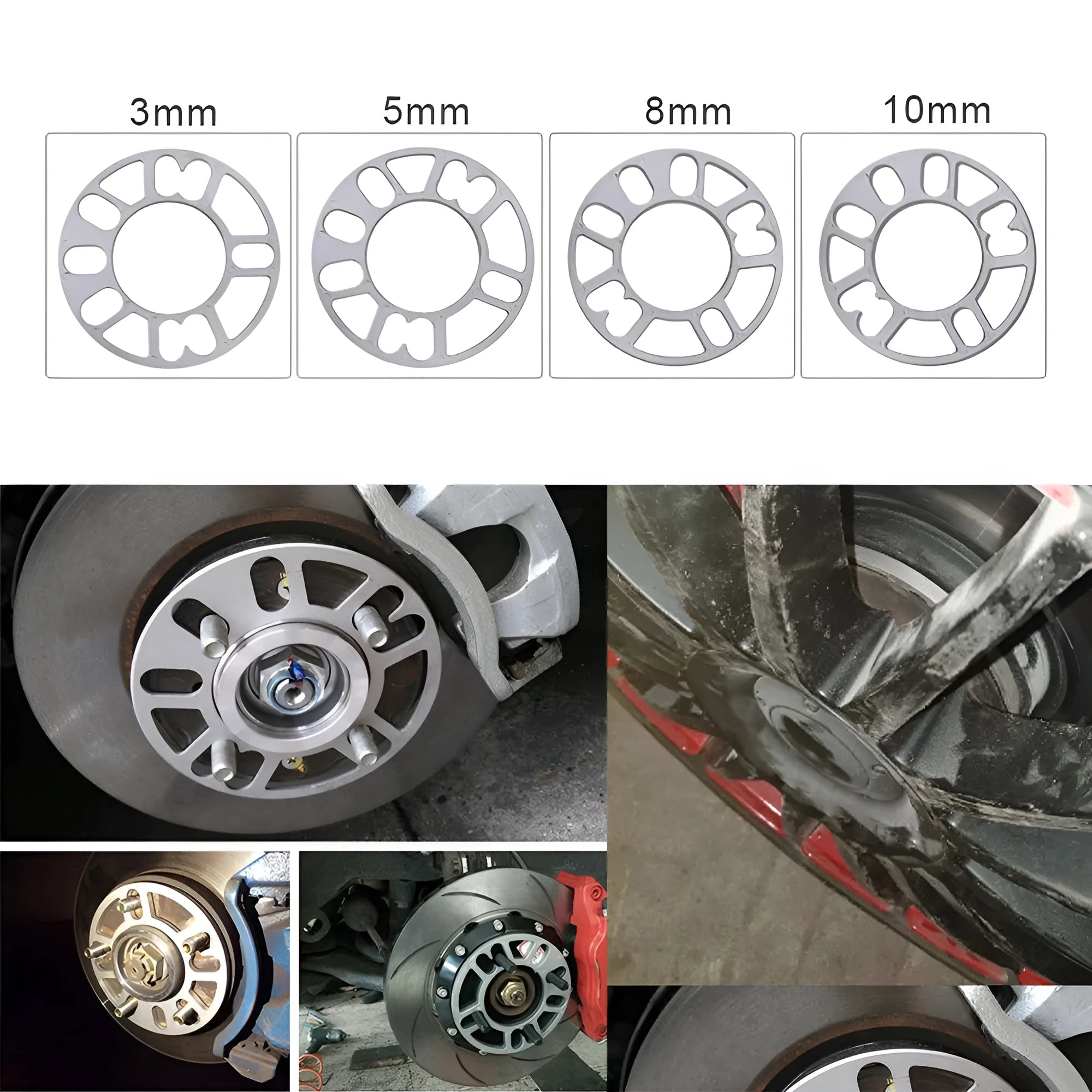 Automotive wheel hub widening gasket or spacer in 3mm, 5mm, 8mm, and 10mm thickness options.