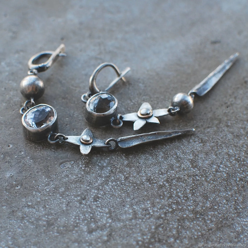Geometric antique silver pendant earrings with long rhinestone XINGX design
