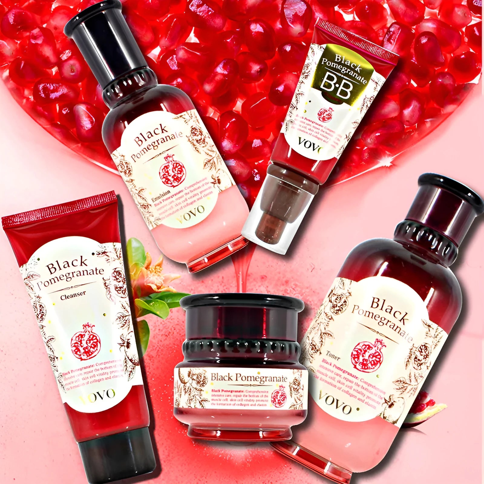 Six products from the pomegranate skin care set: cleanser, toner, essence, milk, cream, and eye cream.