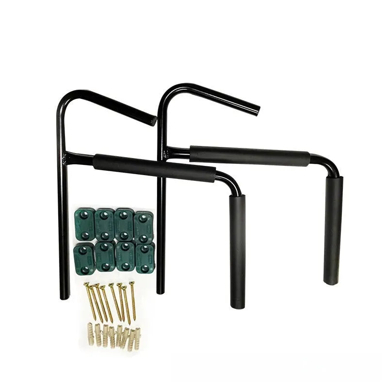 Black carbon steel kayak and surfboard wall hanger storage rack mounted on a wall.