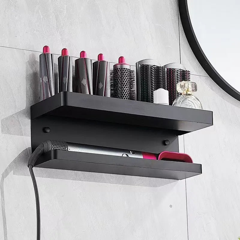 White double-layer aluminium bathroom storage rack with Marcel Waver shape holding hair curlers