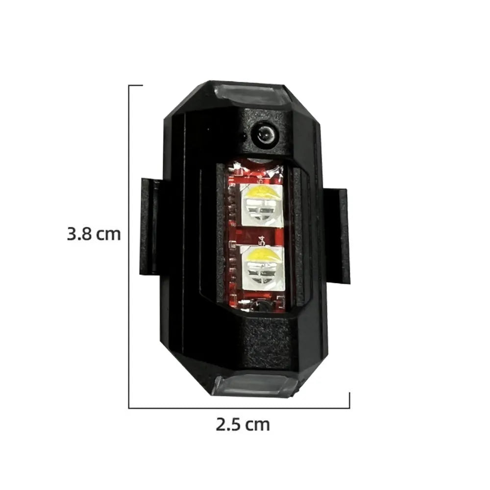 Drone strobe light accessory with RGB LED showing multiple colours, includes Type-C cable and mounting tape.