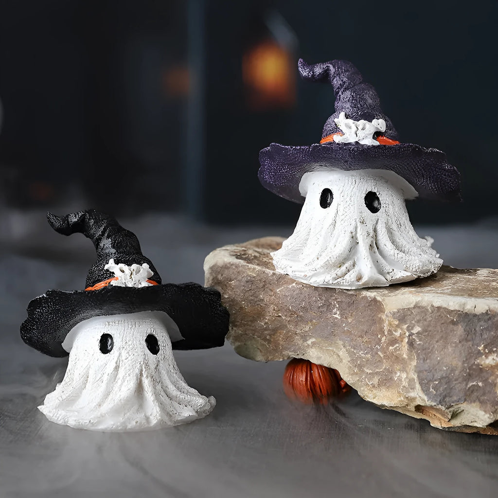 Purple and black resin wizard hat ghost ornaments for Halloween and Christmas seasonal displays