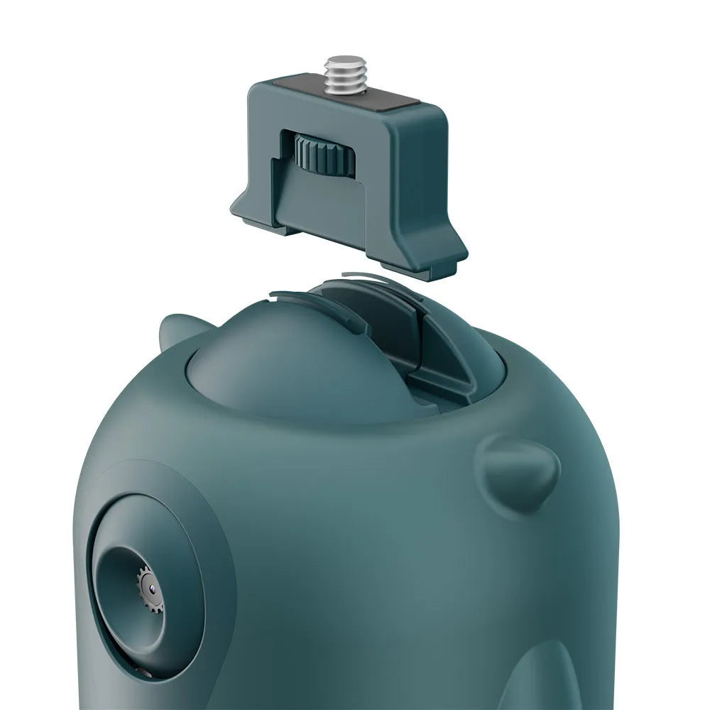 Dark green AI face recognition gimbal showing 360° rotation with smartphone mounted