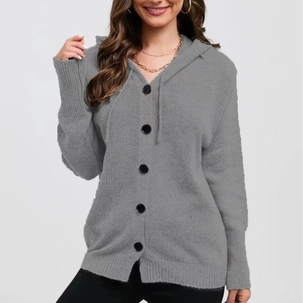 Women's solid colour hooded cotton cardigan sweater in a loose fit, shown in one of six available colours.