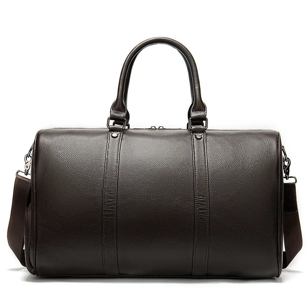 Men's leather excursion travel bag in black or coffee colour with single strap