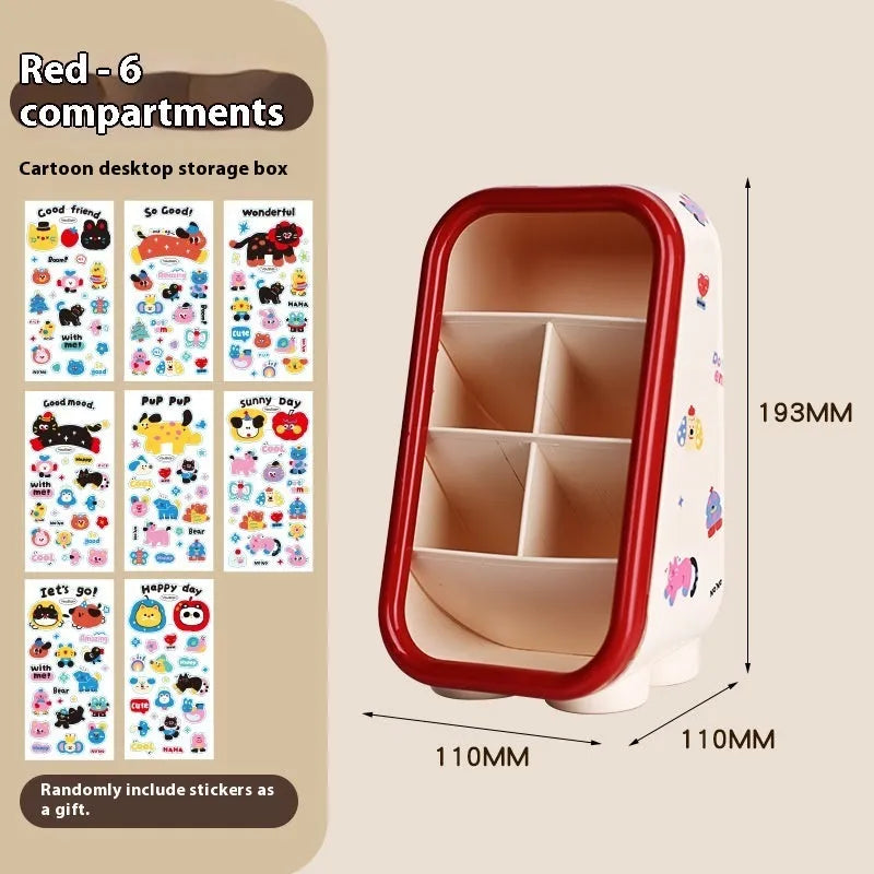 Red and brown cartoon-style plastic desktop storage organiser with grid pattern for stationery and sundries.