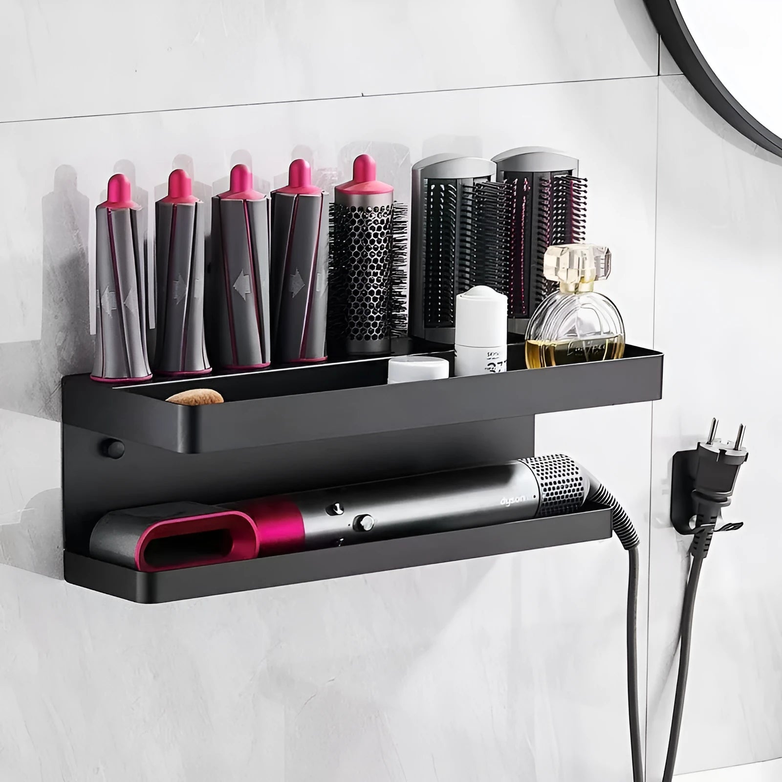 White double-layer aluminium bathroom storage rack with Marcel Waver shape holding hair curlers