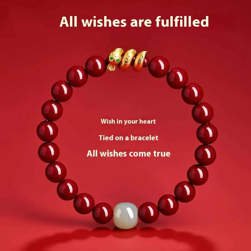 Handmade Chinese Zodiac snake charm bracelet made from cinnabar, showing 8mm beads.