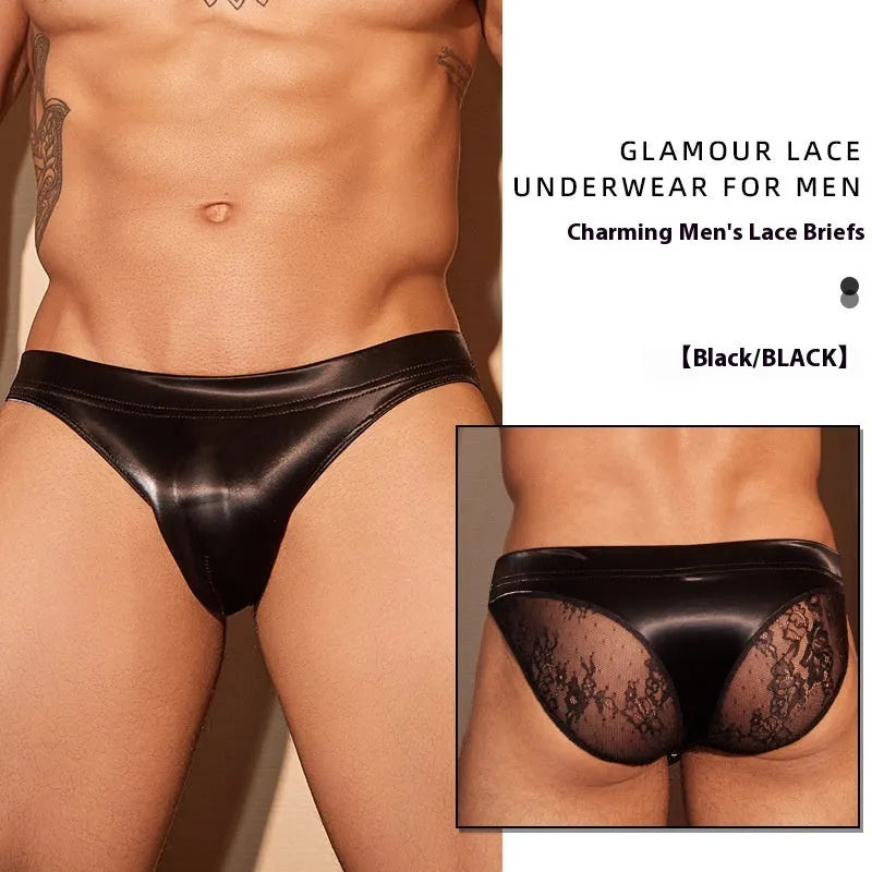 Men's black hip brief underwear with shark skin lace fabric and elastic free size waistband