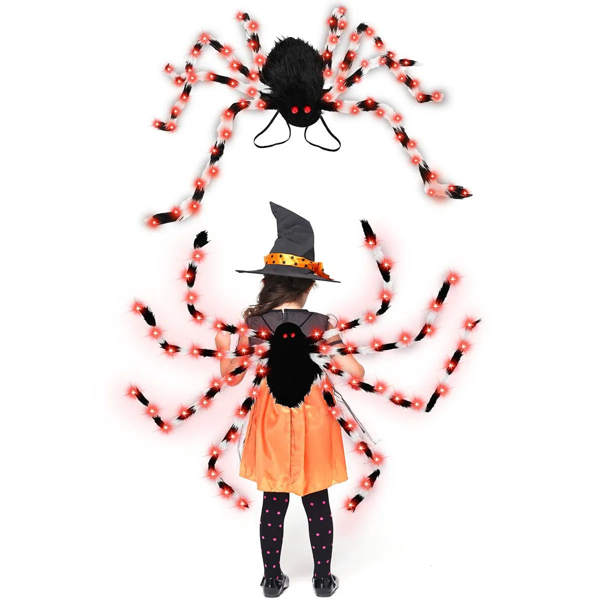 Halloween spider backpack with LED lights in plush sugar bag design showing orange colour option
