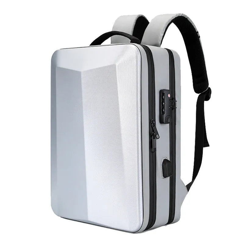 Black and silver white waterproof ABS PC business backpack with curved straps, shown with a laptop.