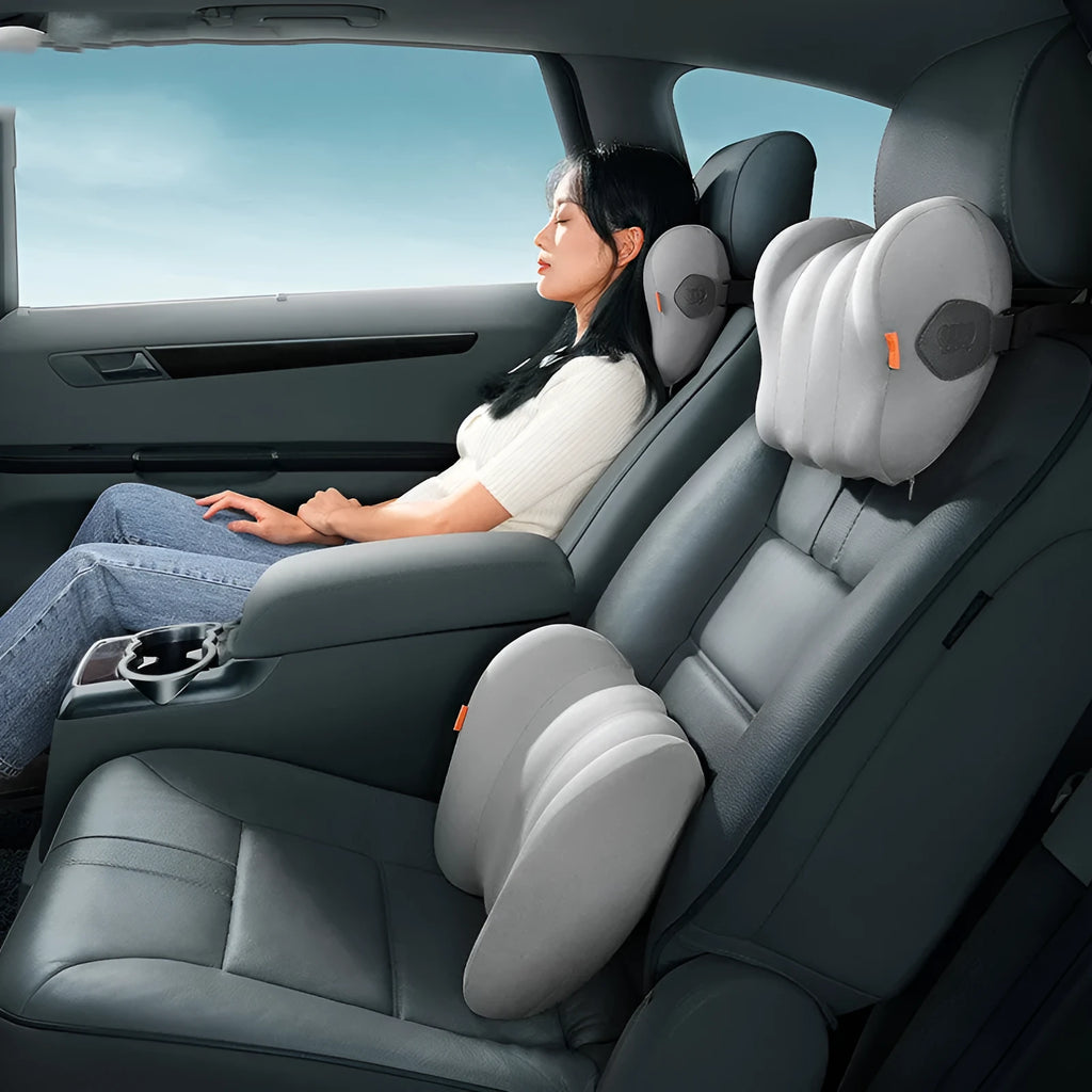 Grey and orange car head restraint neck guard with memory cotton interior shown as headrest and waist pillow