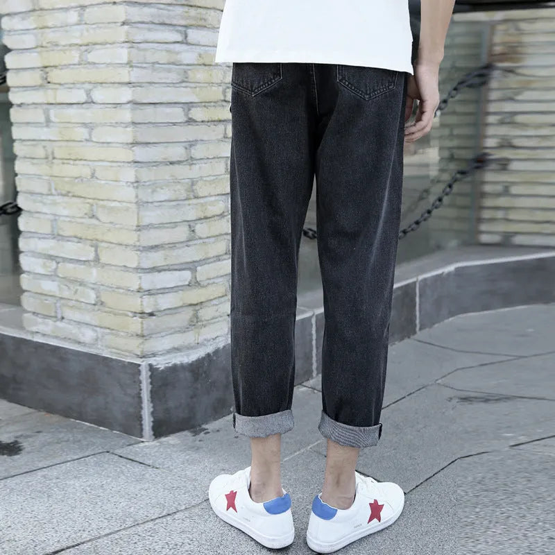 Men's loose fit straight leg cotton jeans in black college style casual trousers