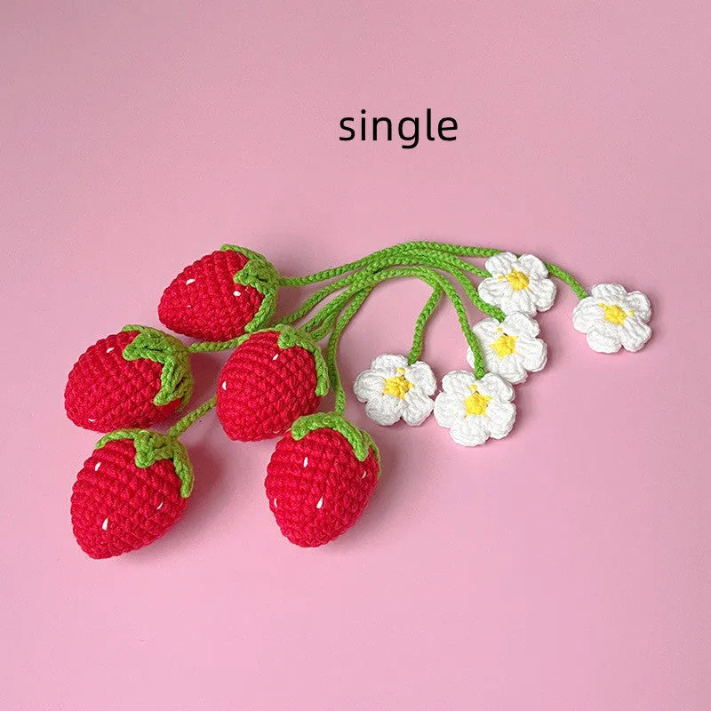 Wool crochet strawberry pendant necklace with hand-crocheted charm on 35cm chain