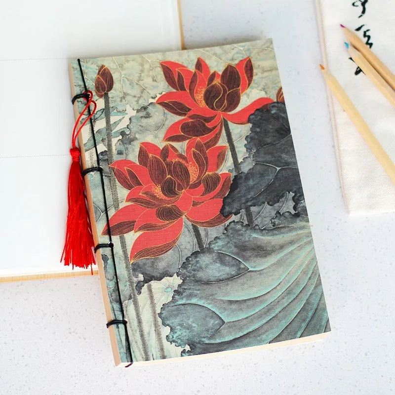 A5 antique wire-bound notebook with retro painting design on white cowhide cover