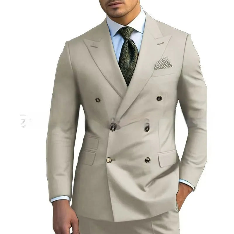Men's brown two-piece business suit with regular cut on a hanger