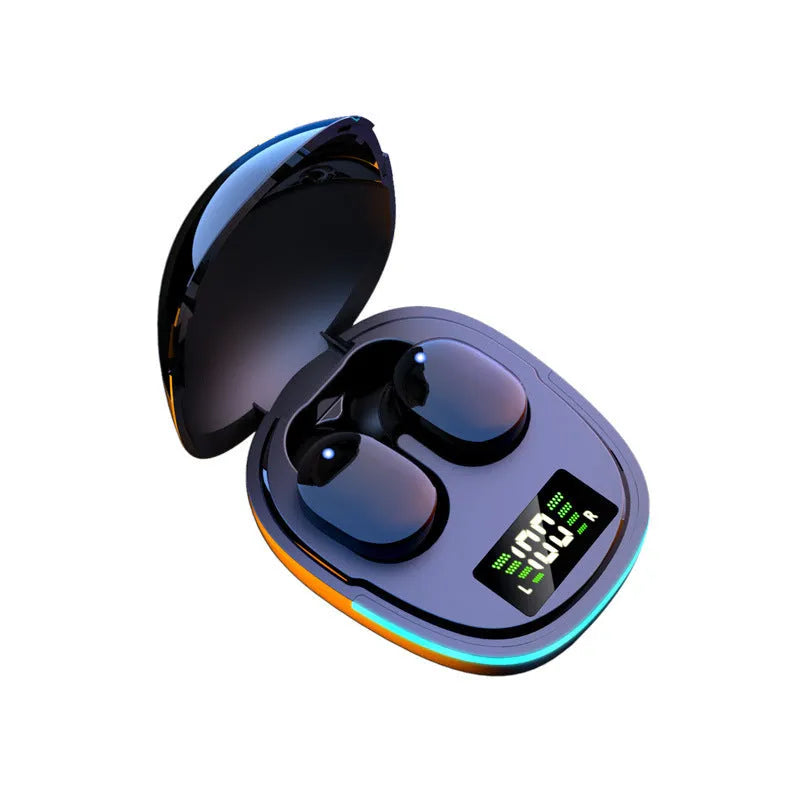 Black true wireless Bluetooth earbuds with charging case showing magnetic contacts