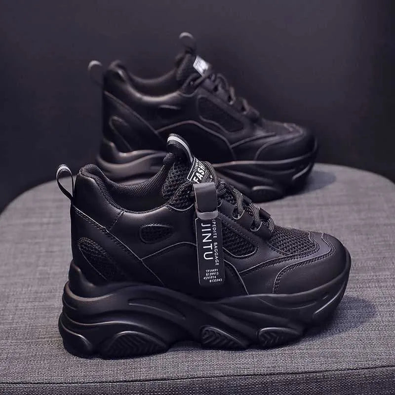 Women's black mesh platform casual shoes with hollow-out design and TPR sole