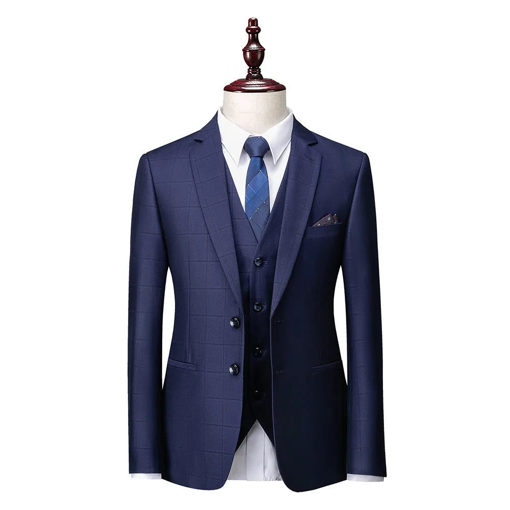 Men's navy blue plaid slim fit three-piece business casual suit with jacket, vest and trousers