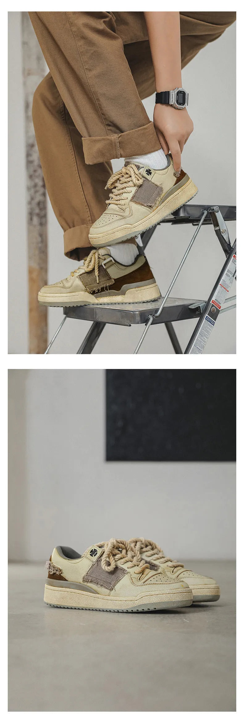 Beige microfiber skateboard shoes with flat rubber sole and lace-up closure