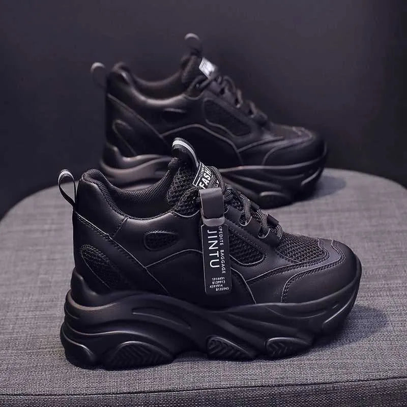 Women's black mesh platform casual shoes with hollow-out design and TPR sole