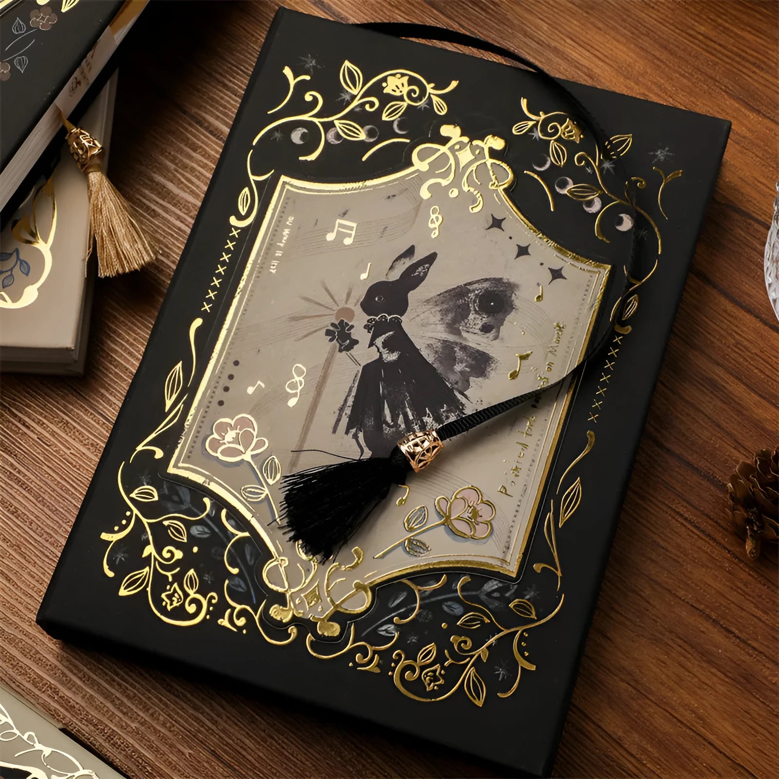 Retro gothic style A5 notebook with hand-drawn art cover designs including maze, forest, and fruit themes