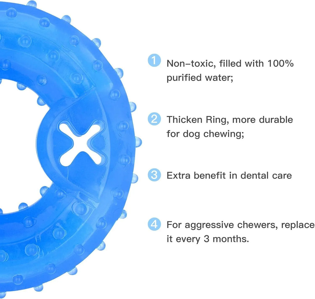 Freezable water-filled dog cooling teether chew toy in bone and circle shapes