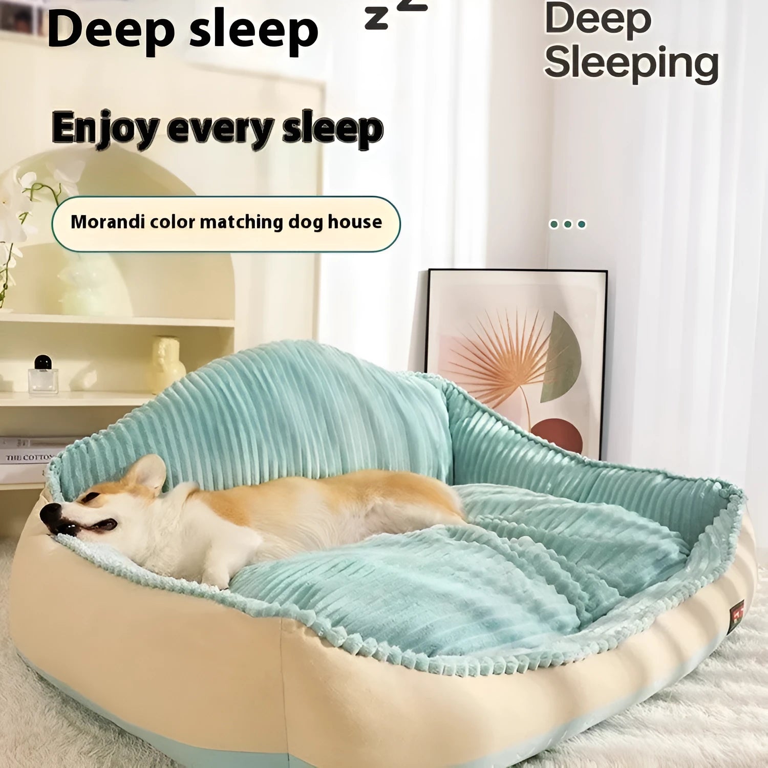 Morandi colour washable pet bed with removable cover shown in two sizes for dogs and cats.