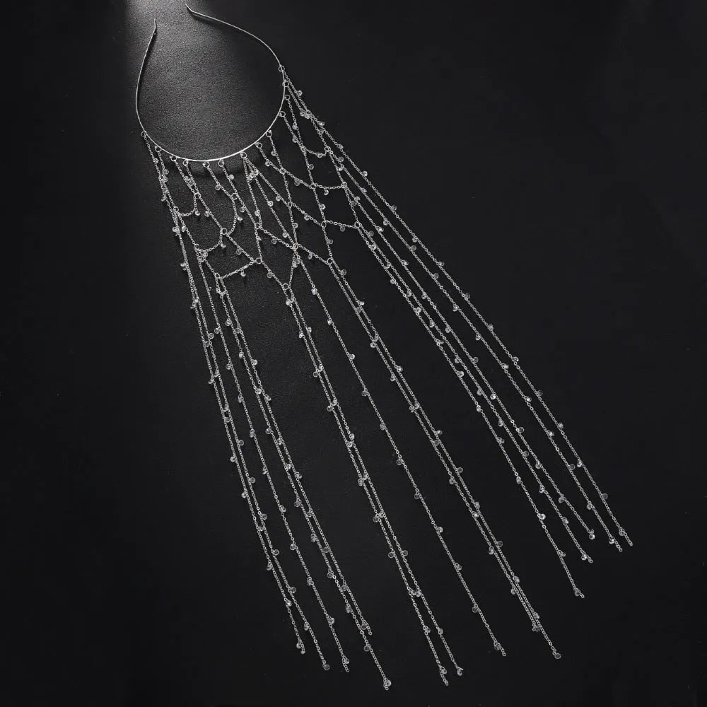 Gold and silver electroplated rhinestone headband with mesh design and tassel detailing