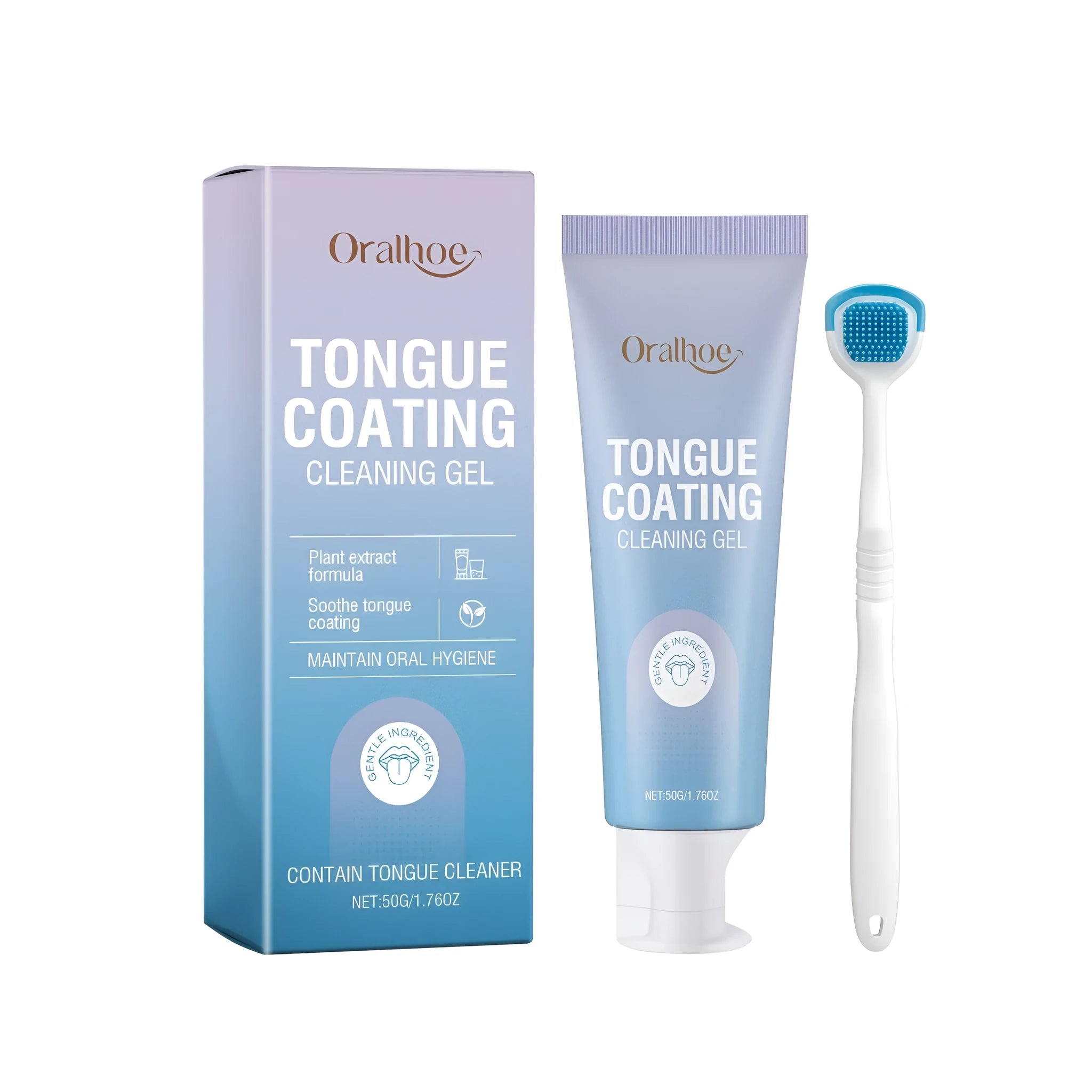 Tongue coating cleaning gel kit with 50g mint gel tube and tongue brush for oral hygiene