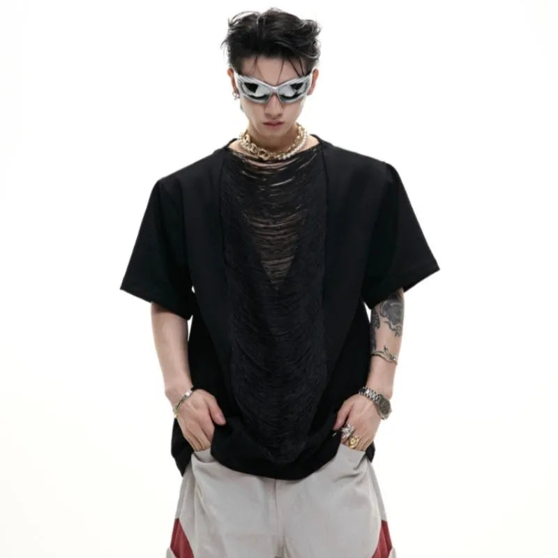 Men's loose black V-neck short sleeve t-shirt with three-dimensional cutting on a neutral background