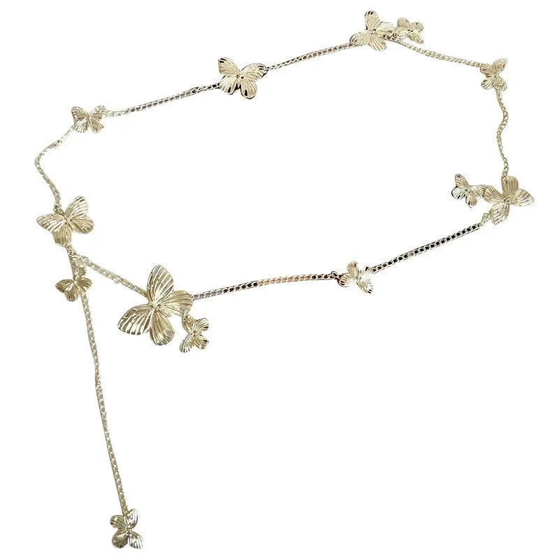 Golden butterfly waist chain belt with alloy construction showing 104cm length measurement