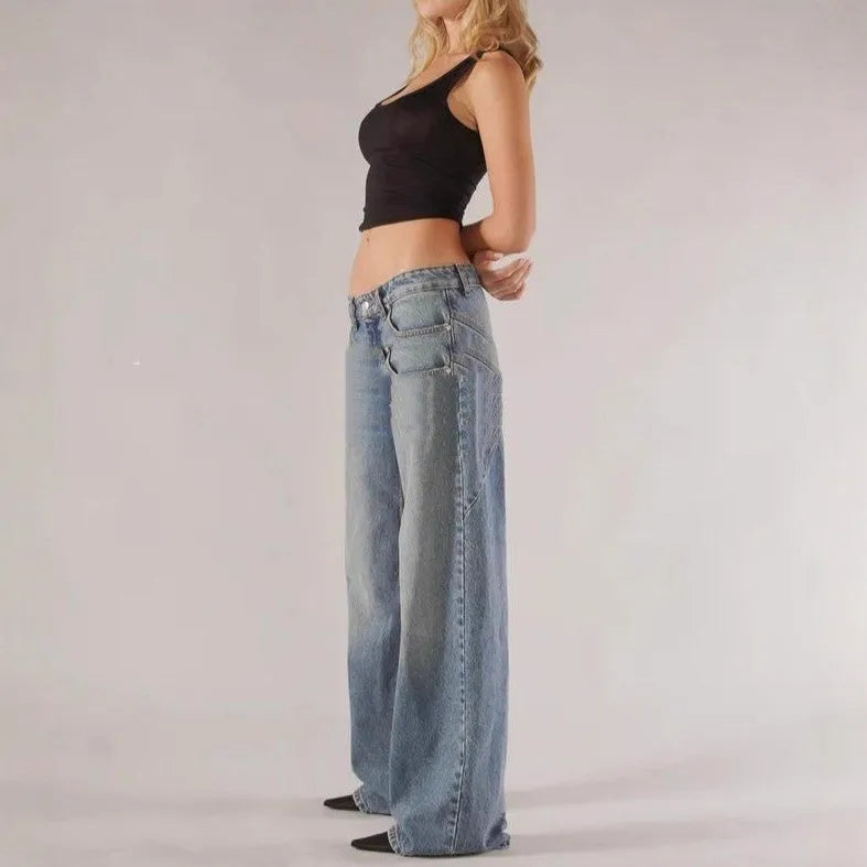 Blue loose straight wide leg cotton trousers with low waist and stitching details