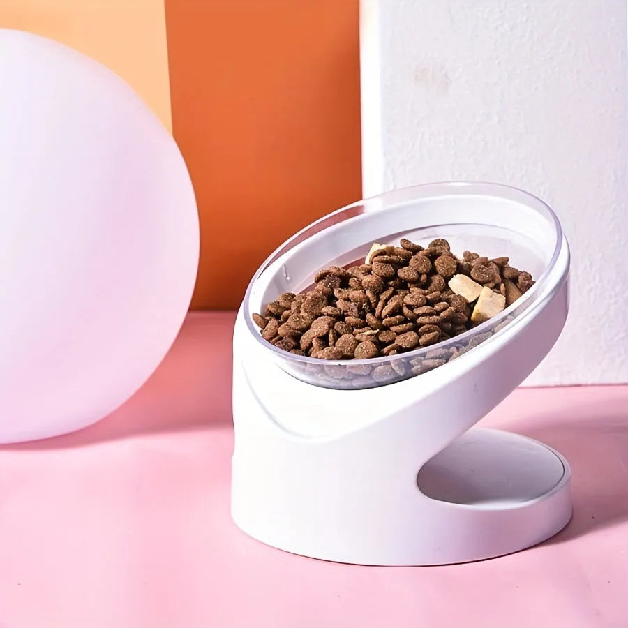 White elevated cat food bowl showing 5cm height and tilted angle design