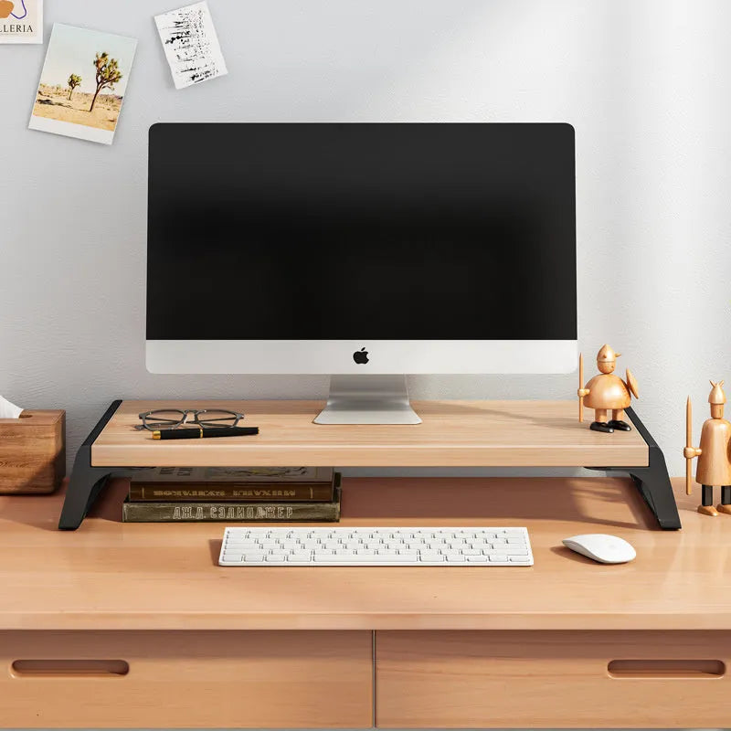 Walnut wood-based board office computer monitor heightening stand with black support leg