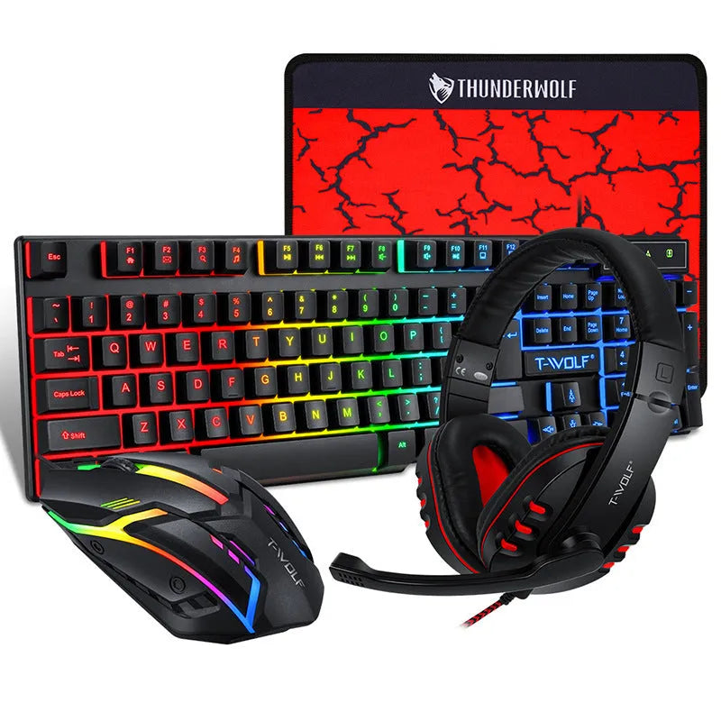 Thunder Wolf T800 gaming keyboard mouse combo set with backlit keys and included headset on mouse pad