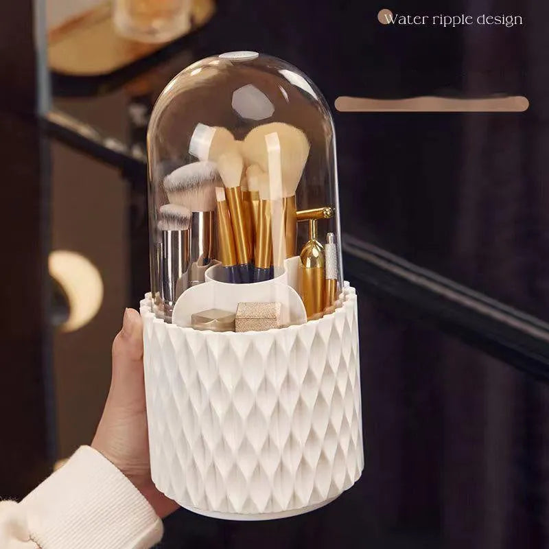 White acrylic makeup brush storage box with transparent design and rotating base