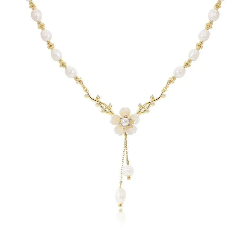 Alloy necklace with pearl flower pendant and floral design on pearl chain