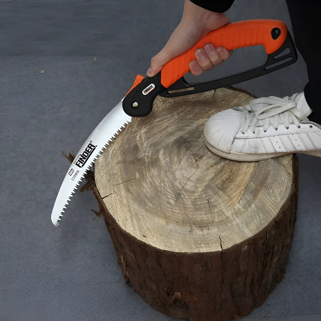 A folding garden hand saw with a TPR rubber handle and a 230mm metal blade, shown both open and closed.