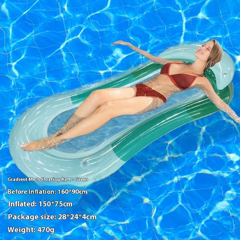 PVC inflatable floating row pool lounge in gradient sequin blue-purple wave design with canopy