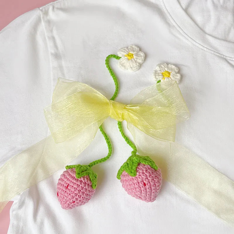 Wool crochet strawberry pendant necklace with hand-crocheted charm on 35cm chain