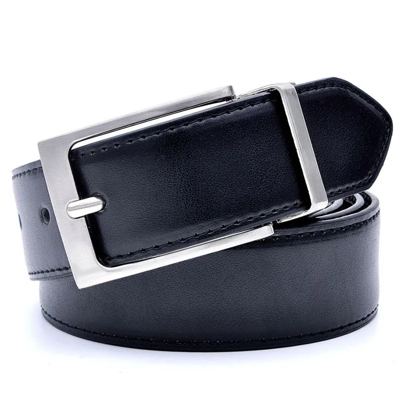Men's brown and black genuine leather belt with rotating pin buckle on dark background
