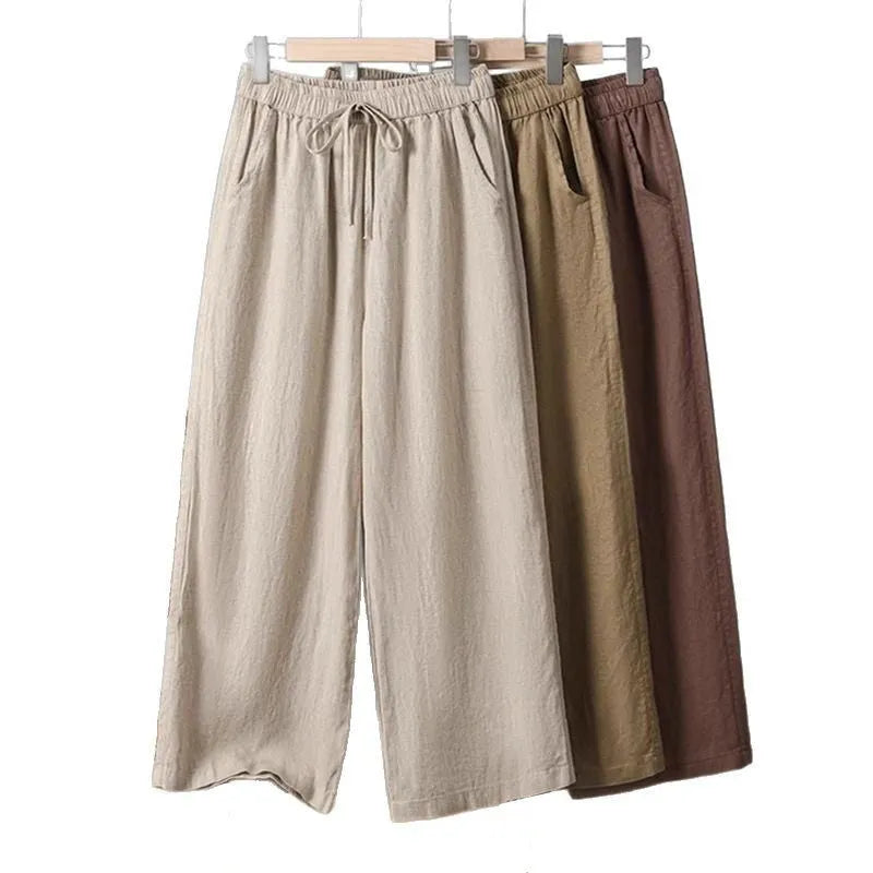Women's straight-leg casual pants with elastic drawstring waist in apricot colour