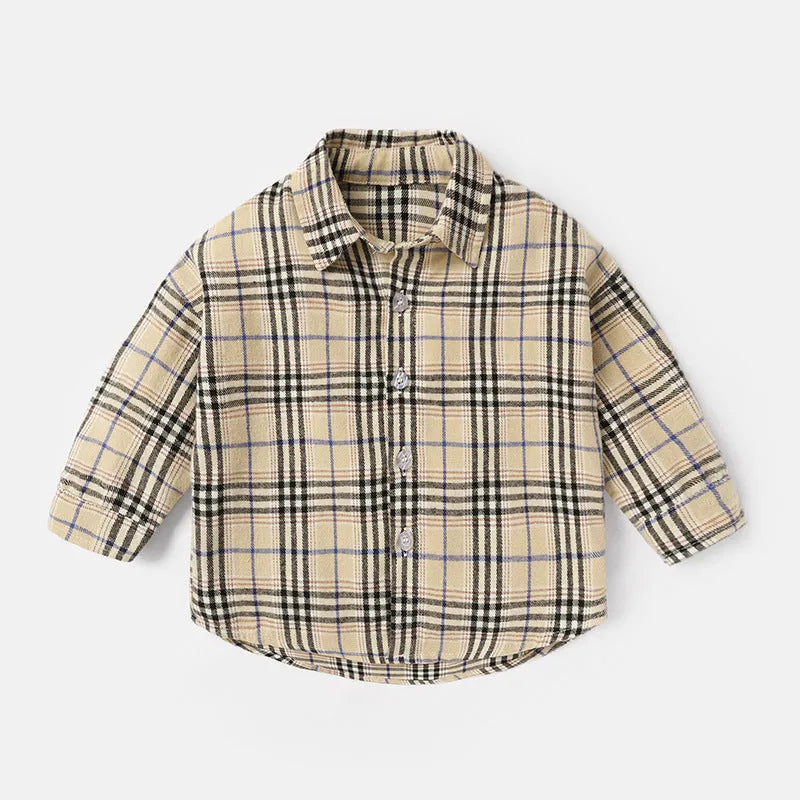 Boys' long sleeve cotton shirt with lattice and cartoon pattern in khaki colour.