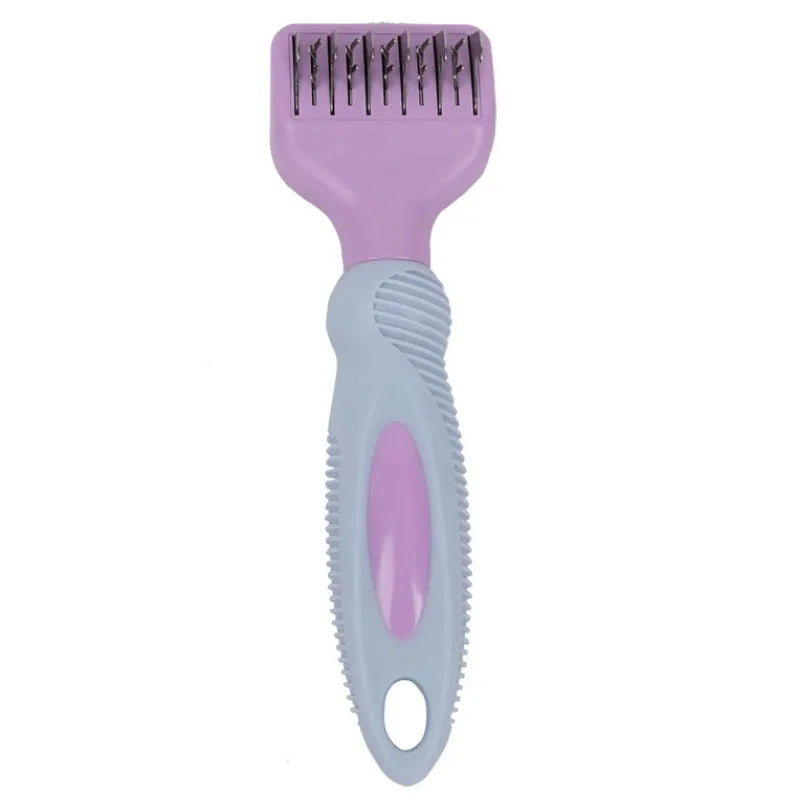 Pink stainless steel pet grooming comb with knot knife on a 170mm long handle.