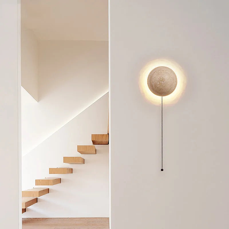 Yellow cave stone semicircle wall lamp with iron housing and pull switch