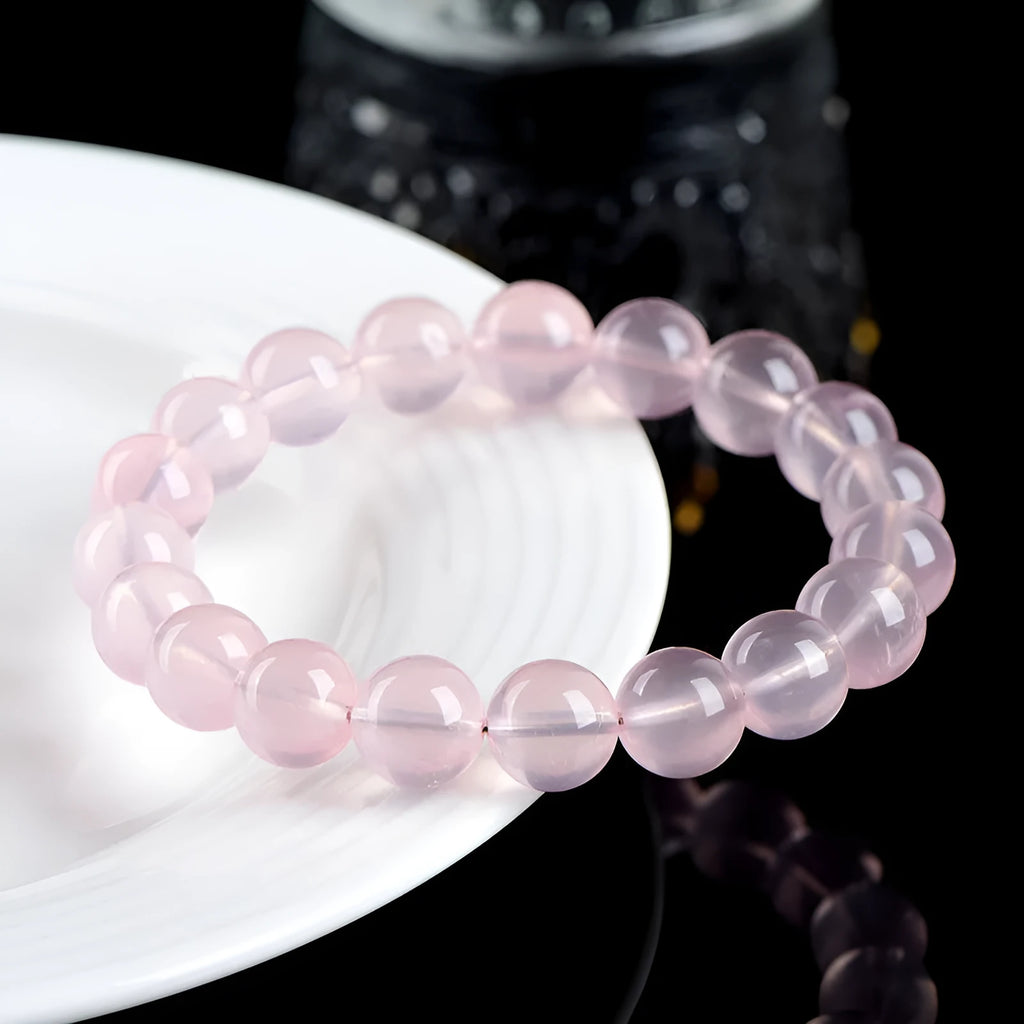 Natural crystal round beads women's bracelet with polished pink beads in single circle design